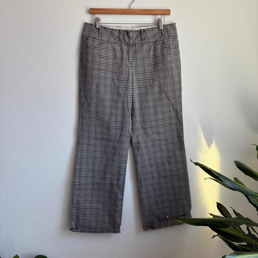 Elevenses Anthropologie Plaid Low Rise Straight Leg Pants Grey Burgundy Green
